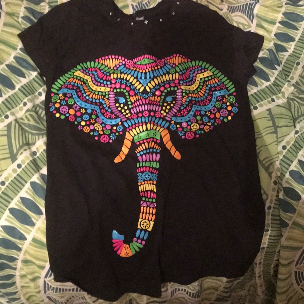 Black T-shirt with colorful elephant